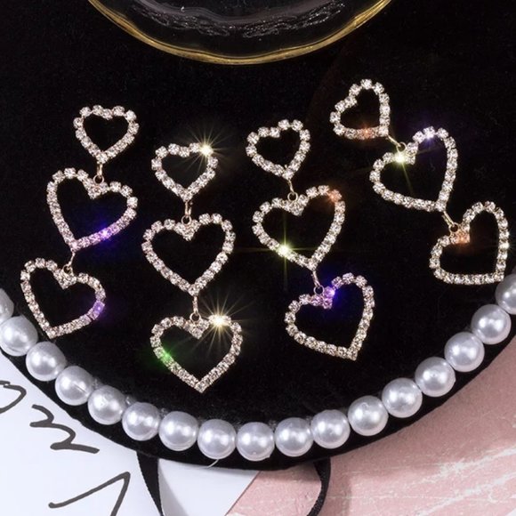 Heart earrings rhinestone diamond crystal drop dangly sparkly y2k luxury cute - Picture 5 of 5